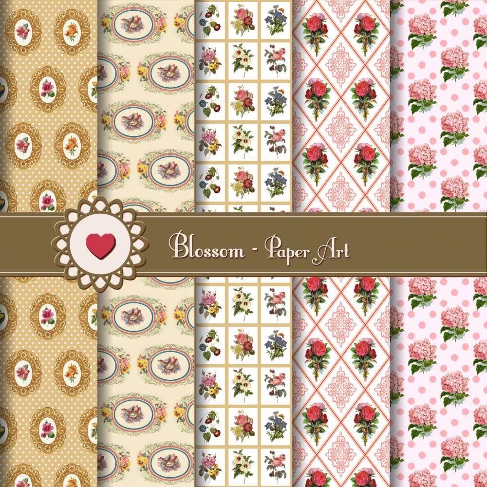 Pink & Ocher Vintage Flowers Digital Scrapbooking Paper - Download Image - 12x12 inches - 300dpi