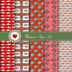 Red Fishes Digital Scrapbooking Paper Pack - Vintage scrapbooking - Paper Design - Blossom Paper Art
