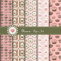 Vintage Digital Scrapbooking Paper Pack - Pink Crown - Princess - King - Queen - 12x12 inches. 300dpi Download Image