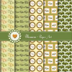 Green Vintage Cars Digital Scrapbooking Paper Pack - Retro Design - Download Image - 12x12 300dpi