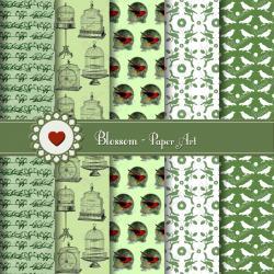 Digital Scrapbooking Paper - Green Vintage Birds - Cardmaking - Scrapbooking - Download Image - Blossom Paper Art
