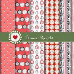 Red Vintage Clocks Digital Scrapbook Pack - Scrapbooking Paper - Printable - Wallpaper - Blossom Paper Art