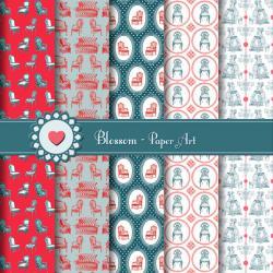 Vintage Digital Scrapbooking - Blue and Red Furniture Design - Download Image - Blossom Paper Art