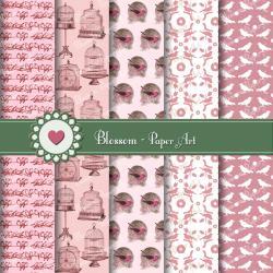Pink Birds - Digital Scrapbook - Vintage Scrapbooking - Birdcages - Download Images - Printables - Blosoom Paper Art