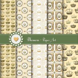 Gold Crowns Vintage Digital Scrapbooking Paper - Scrapbook Pack - Printables - Download Image - Blossom Paper Art